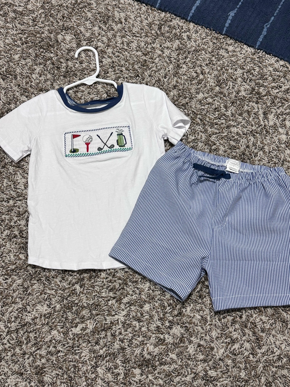 Mud Pie White Tee and Blue Striped Shorts Kids Set